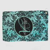 Stijlvol Turquoise Blue en Black Floral Monogram Golfhanddoek (Horizontaal)
