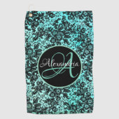 Stijlvol Turquoise Blue en Black Floral Monogram Golfhanddoek (Voorkant)