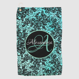Stijlvol Turquoise Blue en Black Floral Monogram Golfhanddoek