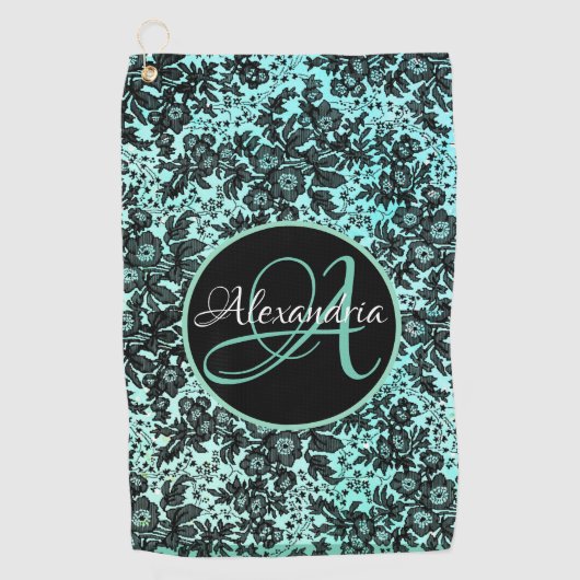 Stijlvol Turquoise Blue en Black Floral Monogram Golfhanddoek (Voorkant)