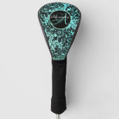 Stijlvol Turquoise Blue en Black Floral Monogram Golfheadcover (Voorkant)