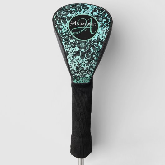 Stijlvol Turquoise Blue en Black Floral Monogram Golfheadcover (Voorkant)