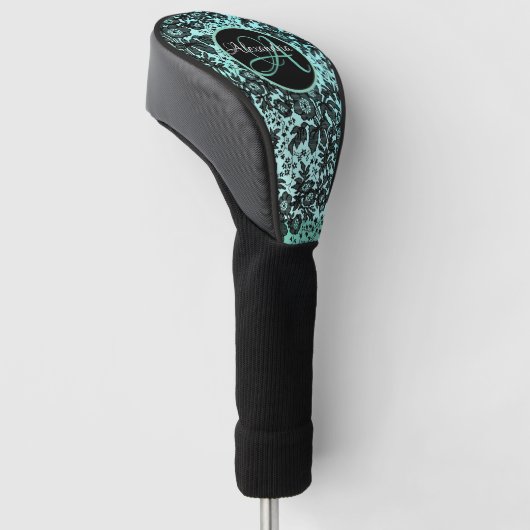 Stijlvol Turquoise Blue en Black Floral Monogram Golfheadcover (Schuin)