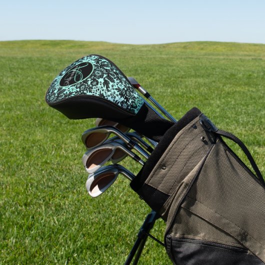 Stijlvol Turquoise Blue en Black Floral Monogram Golfheadcover (Insitu)