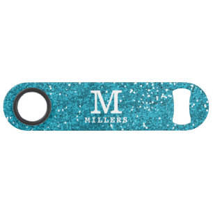 Stijlvol Turquoise Blue Glitter Monogrammed Speed Flessenopener