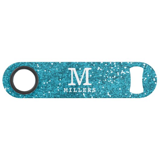 Stijlvol Turquoise Blue Glitter Monogrammed Speed Flessenopener (Voorkant (Horizontaal))