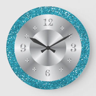 Stijlvol Turquoise Blue Glitter Silver Numbers Grote Klok