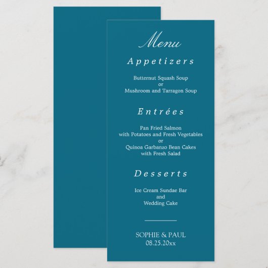 Stijlvol Turquoise Blue Wedding Menu (Voorkant / Achterkant)