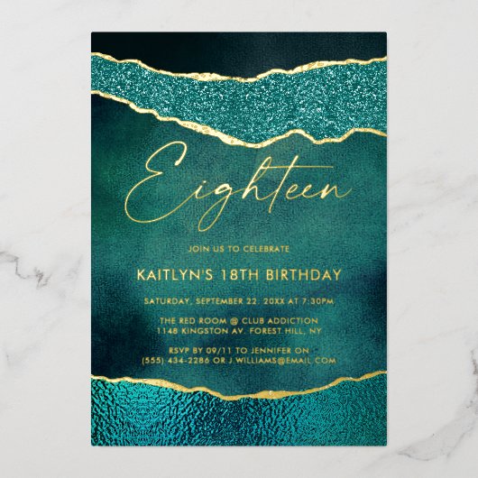 Stijlvol Turquoise Geoed Agate 18th Birthday Real Folie Uitnodiging (Voorkant)