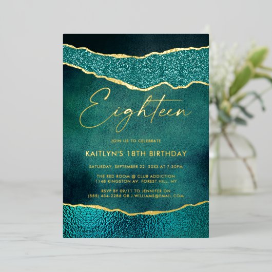 Stijlvol Turquoise Geoed Agate 18th Birthday Real Folie Uitnodiging (Staand Voorkant)