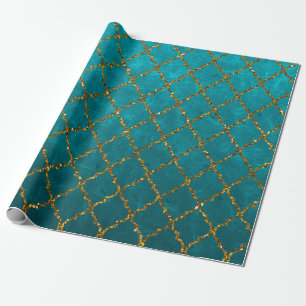 Stijlvol Turquoise Gold Quatrefoil Glitter Print Cadeaupapier