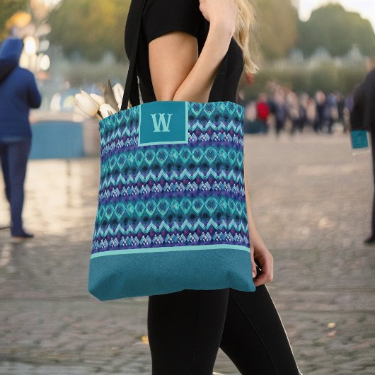 Stijlvol Turquoise Paarse Tribal Pattern Monogram Tote Bag