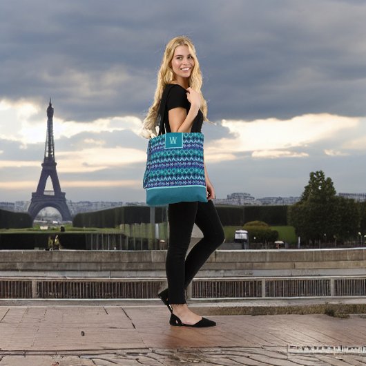 Stijlvol Turquoise Paarse Tribal Pattern Monogram Tote Bag