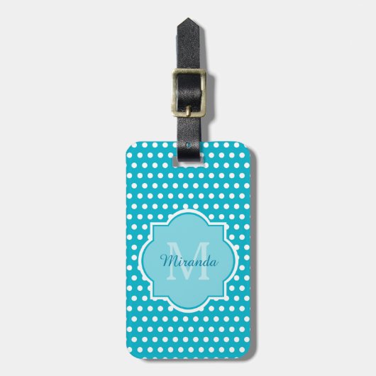 Stijlvol Turquoise Polka Dots Monogram met naam Bagagelabel (Voorkant verticaal)