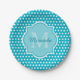 Stijlvol Turquoise Polka Dots Monogram met naam Papieren Bordje