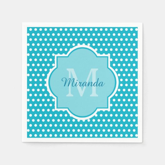 Stijlvol Turquoise Polka Dots Monogram met naam Servet (Voorkant)