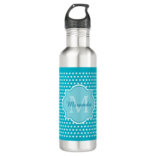 Stijlvol Turquoise Polka Dots Monogram met naam Waterfles (Voorkant)