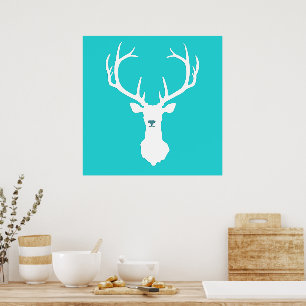 Stijlvol Turquoise witte staart herten hoofd silho Poster