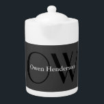 Stijlvol uniek grijs zwart monogram theepot<br><div class="desc">U kunt de Lettertypen,  achtergrondkleur en Afbeelding,  lettertekens eenvoudig wijzigen.</div>