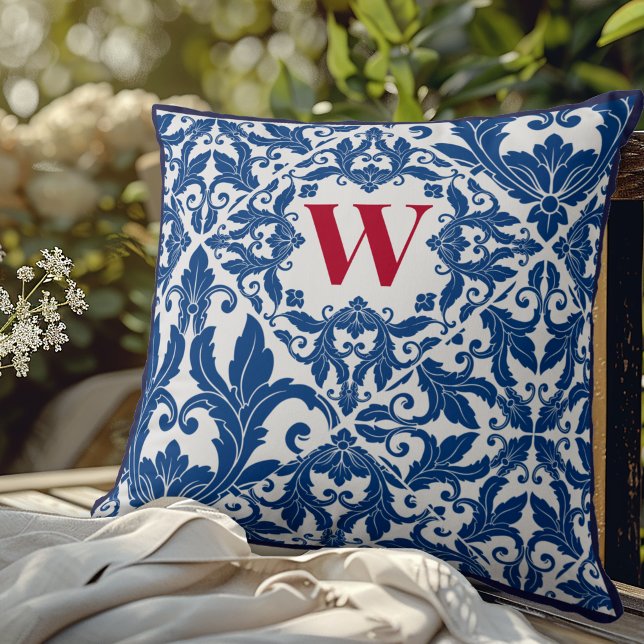 Stijlvol vintage marineblauw damast monogram kussen (Creator heeft geüpload)