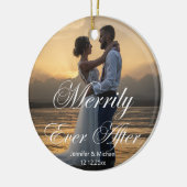 Stijlvol vrolijk ooit na, trouwfoto minimaal keramisch ornament (Links)