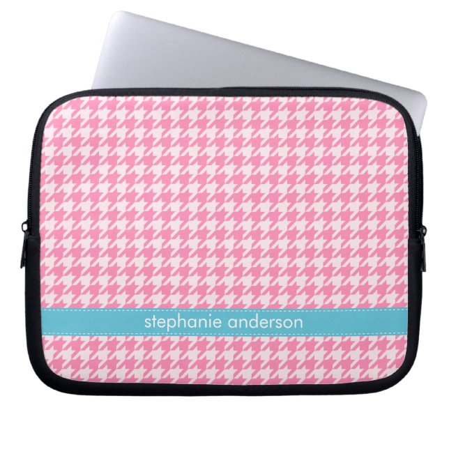 Stijlvol, warm roze houndstooth-patroon laptop sleeve (Voorkant)