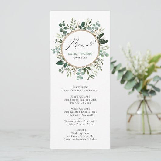 Stijlvol Waterverf Greenery Gold Wedding Menu Kaart (Staand voorkant)