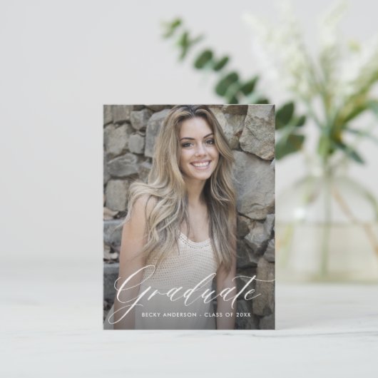 Stijlvol wit afstuderen Save the date Briefkaart (Staand voorkant)