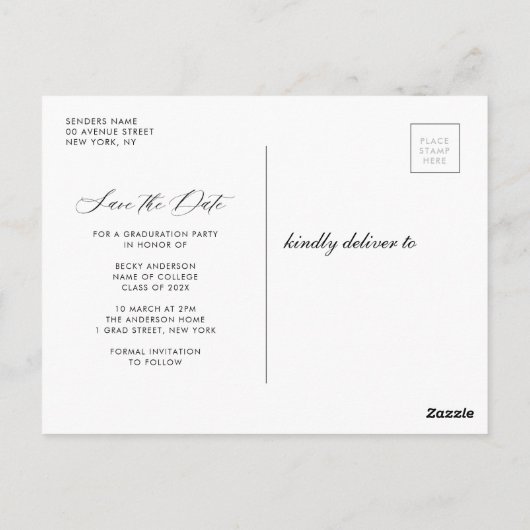 Stijlvol wit afstuderen Save the date Briefkaart (Achterkant)