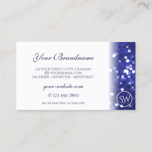Stijlvol wit blauw glitter Stars Monogram Visitekaartje (Achterkant)
