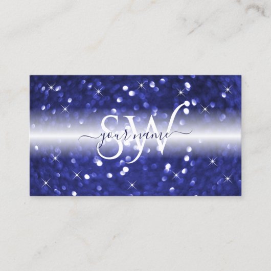 Stijlvol wit blauw glitter Stars Monogram Visitekaartje (Voorkant)
