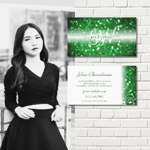 Stijlvol wit en groen glitter monogram visitekaartje