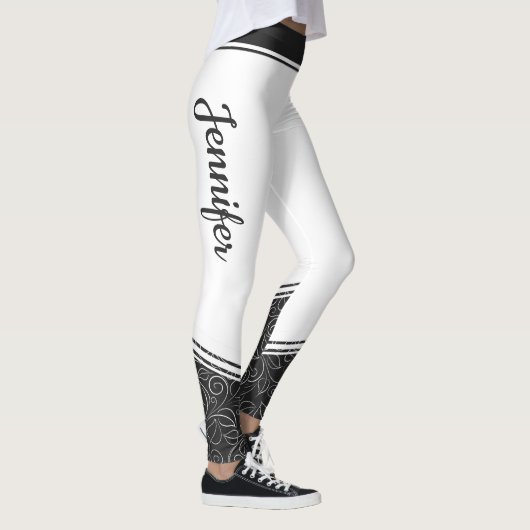Stijlvol wit met zwarte bloem en moderne naam leggings (Rechts)