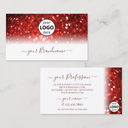 Stijlvol wit rood glitter met Logo modern Visitekaartje (Voorkant / Achterkant)
