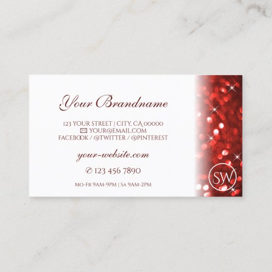 Stijlvol wit rood glitter monogram modern visitekaartje (Achterkant)