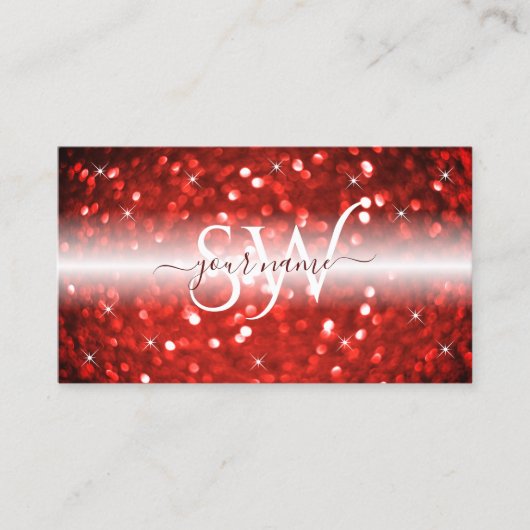 Stijlvol wit rood glitter monogram modern visitekaartje (Voorkant)