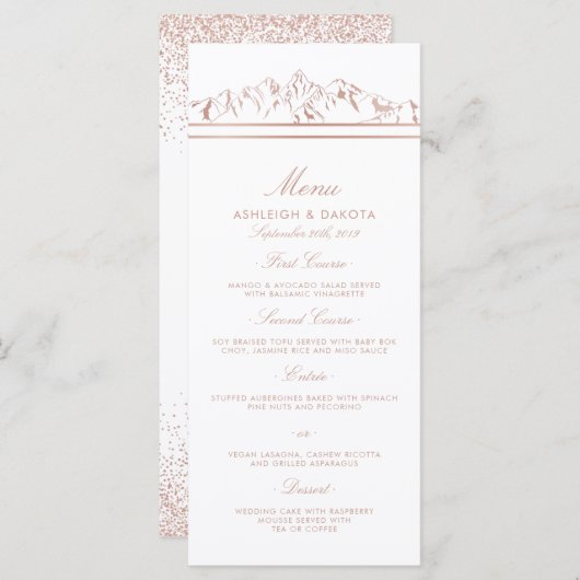 Stijlvol Wit & Roos Gouden Berg Bruiloft Menu (Voorkant / Achterkant)
