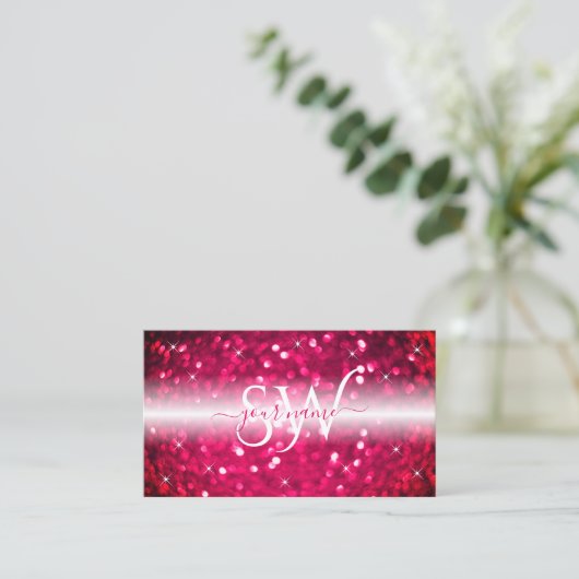 Stijlvol wit roze mousserend glitter monogram afbe visitekaartje (Staand voorkant)
