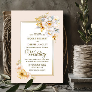 Stijlvol witgouden bruidsboeket met bloemen kaart