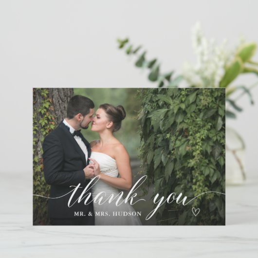 Stijlvol witscript bruiloft Foto bedankt (Staand voorkant)