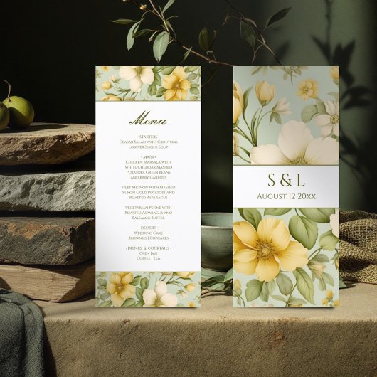 Stijlvol zacht groen en beige bloemen bruiloft men menu