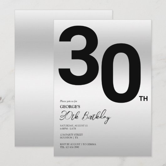 Stijlvol zilver 30ste verjaardagsfeestje kaart (Voorkant / Achterkant)