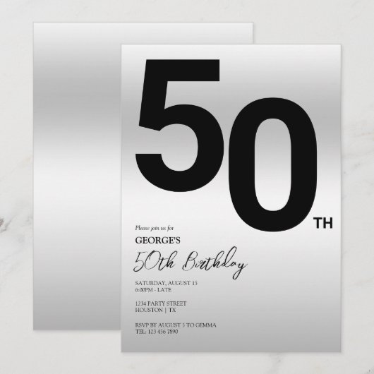 Stijlvol zilver 50ste verjaardagsfeestje kaart (Voorkant / Achterkant)