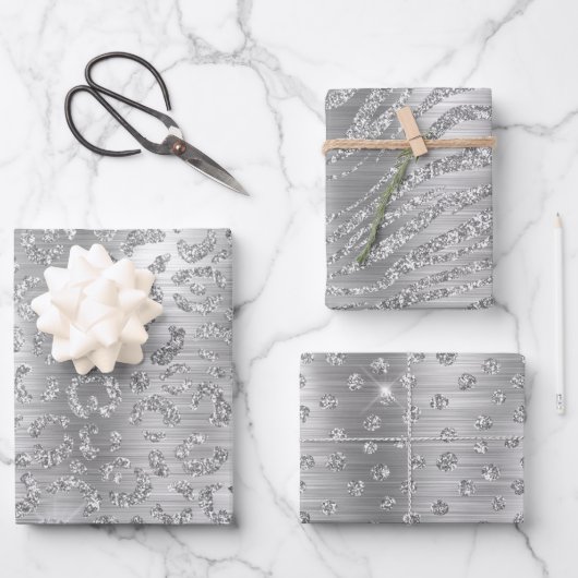 Stijlvol zilver Glitter Wild Big Cat Animal Patroo Inpakpapier Vel (Voorkant)