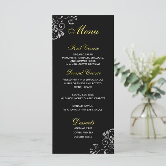 Stijlvol zilver goud op zwart bruiloft menu (Staand voorkant)