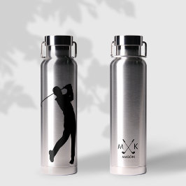 Stijlvol zilver met zwart modern golfer-monogram waterfles