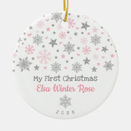 Stijlvol zilver roze snowflake Baby, eerste kerstd Keramisch Ornament