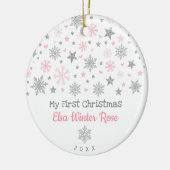 Stijlvol zilver roze snowflake Baby, eerste kerstd Keramisch Ornament (Links)