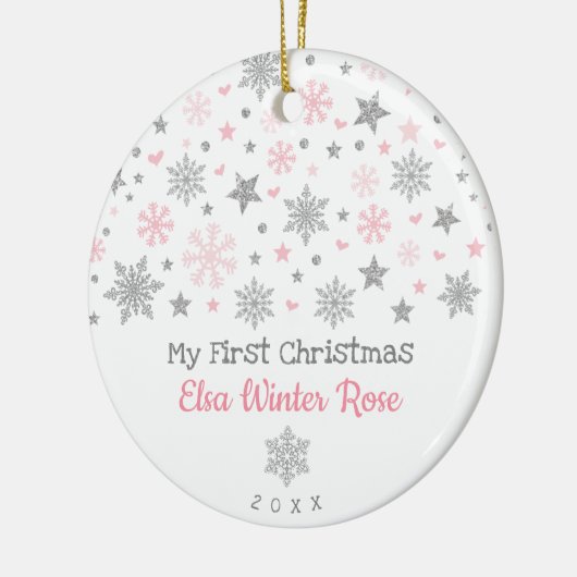 Stijlvol zilver roze snowflake Baby, eerste kerstd Keramisch Ornament (Links)