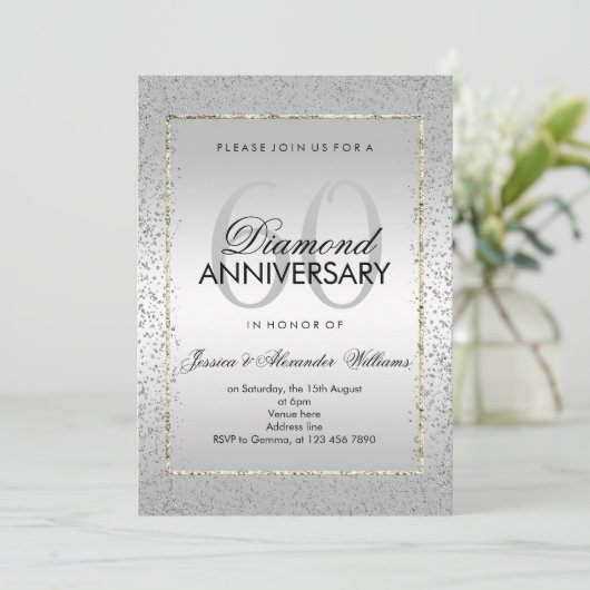 Stijlvol zilveren confetti 60e diamanten bruiloft kaart (Staand voorkant)